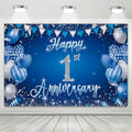 1st Anniversary Backdrop, Blue & Silver Happy 1st Wedding Anniversary Photo Background Wall Decor, Couples