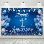 1st Anniversary Backdrop, Blue & Silver Happy 1st Wedding Anniversary Photo Background Wall Decor, Couples