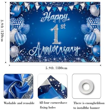 1st Anniversary Backdrop, Blue & Silver Happy 1st Wedding Anniversary Photo Background Wall Decor, Couples, alternate view 2
