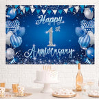 1st Anniversary Backdrop, Blue & Silver Happy 1st Wedding Anniversary Photo Background Wall Decor, Couples, alternate view 4