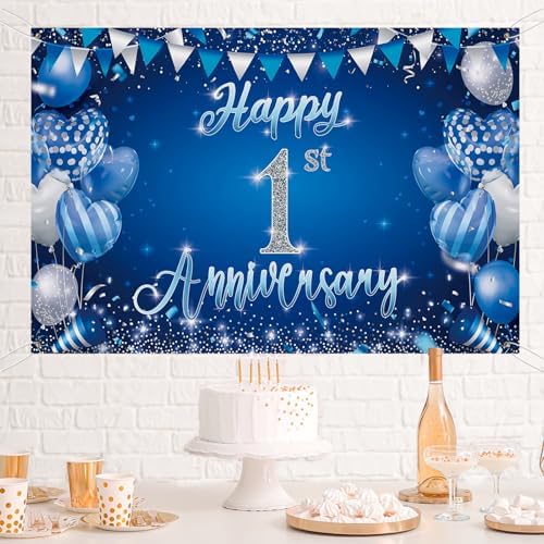 1st Anniversary Backdrop, Blue & Silver Happy 1st Wedding Anniversary Photo Background Wall Decor, Couples, alternate view 4