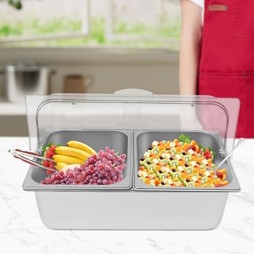 2 Compartment Food Serving Display Container, Stainless Steel Buffet Condiment Dispenser with Flip Lid, alternate view 4