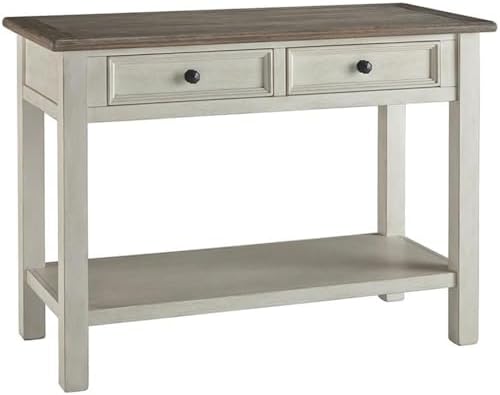 2 Drawer Console Table, 46 in Wide, Veneers/Wood/Engineered Wood, Antique White and Weathered Oak Finish