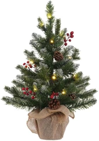 2 FT Mini Christmas Tree, 24" PE Prelit Small Artificial Tabletop Snow Flocked Christmas Trees Decor with 20