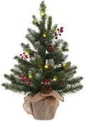 2 FT Mini Christmas Tree, 24" PE Prelit Small Artificial Tabletop Snow Flocked Christmas Trees Decor with 20