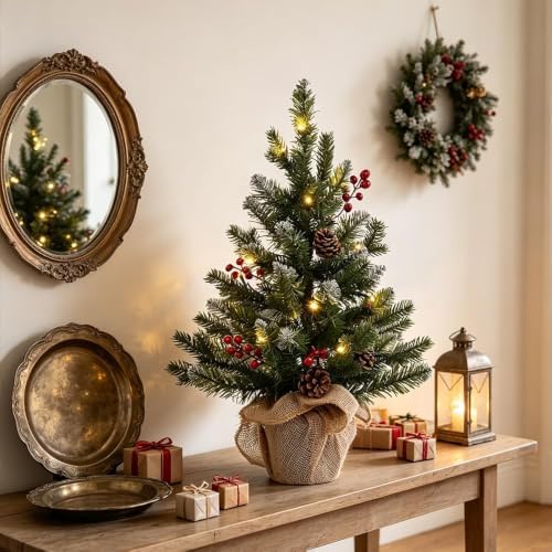 2 FT Mini Christmas Tree, 24" PE Prelit Small Artificial Tabletop Snow Flocked Christmas Trees Decor with 20, alternate view