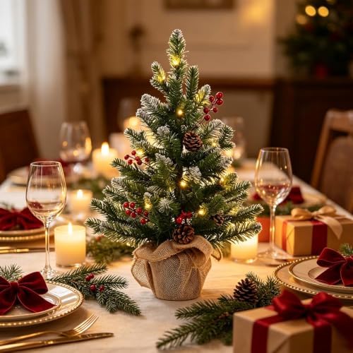 2 FT Mini Christmas Tree, 24" PE Prelit Small Artificial Tabletop Snow Flocked Christmas Trees Decor with 20, alternate view