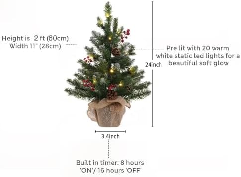 2 FT Mini Christmas Tree, 24" PE Prelit Small Artificial Tabletop Snow Flocked Christmas Trees Decor with 20, alternate view
