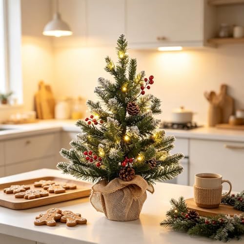 2 FT Mini Christmas Tree, 24" PE Prelit Small Artificial Tabletop Snow Flocked Christmas Trees Decor with 20, alternate view