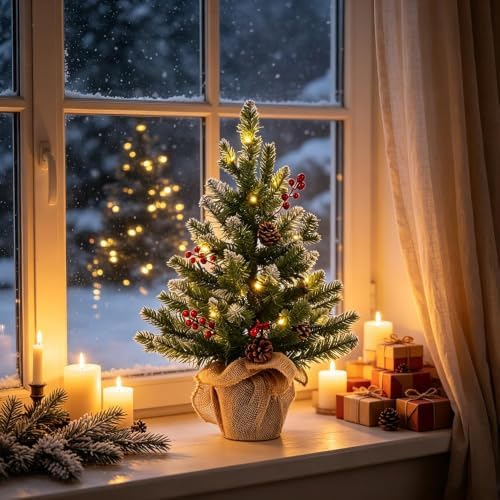 2 FT Mini Christmas Tree, 24" PE Prelit Small Artificial Tabletop Snow Flocked Christmas Trees Decor with 20, alternate view