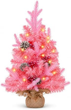 2 FT Mini Christmas Tree, 24" Prelit Pink Small Artificial Tabletop Christmas Trees Decor with Timer, Outdoor