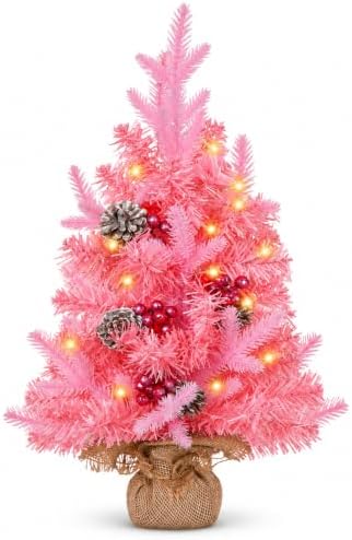 2 FT Mini Christmas Tree, 24" Prelit Pink Small Artificial Tabletop Christmas Trees Decor with Timer, Outdoor