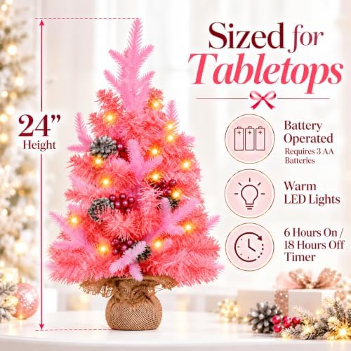 2 FT Mini Christmas Tree, 24" Prelit Pink Small Artificial Tabletop Christmas Trees Decor with Timer, Outdoor, alternate view
