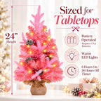2 FT Mini Christmas Tree, 24" Prelit Pink Small Artificial Tabletop Christmas Trees Decor with Timer, Outdoor, alternate view