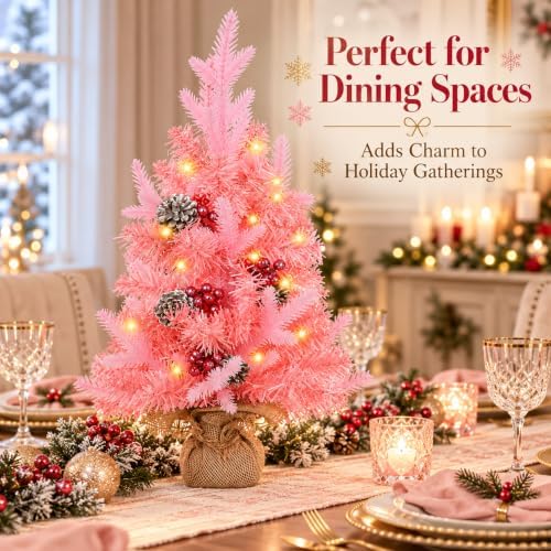2 FT Mini Christmas Tree, 24" Prelit Pink Small Artificial Tabletop Christmas Trees Decor with Timer, Outdoor, alternate view