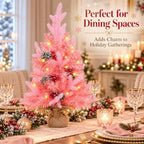 2 FT Mini Christmas Tree, 24" Prelit Pink Small Artificial Tabletop Christmas Trees Decor with Timer, Outdoor, alternate view