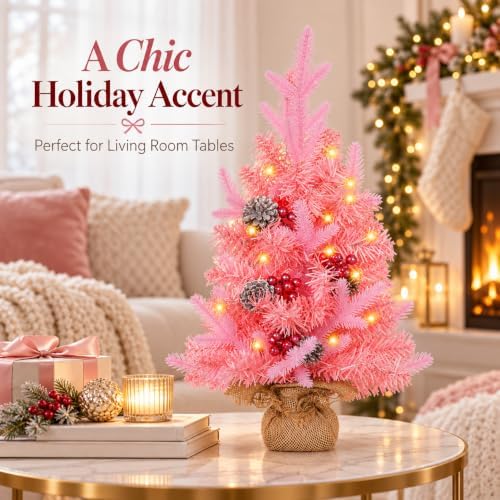 2 FT Mini Christmas Tree, 24" Prelit Pink Small Artificial Tabletop Christmas Trees Decor with Timer, Outdoor, alternate view