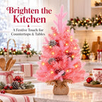 2 FT Mini Christmas Tree, 24" Prelit Pink Small Artificial Tabletop Christmas Trees Decor with Timer, Outdoor, alternate view