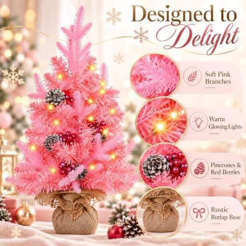 2 FT Mini Christmas Tree, 24" Prelit Pink Small Artificial Tabletop Christmas Trees Decor with Timer, Outdoor, alternate view