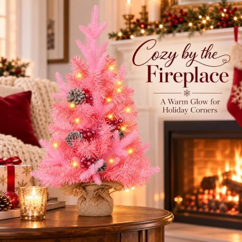 2 FT Mini Christmas Tree, 24" Prelit Pink Small Artificial Tabletop Christmas Trees Decor with Timer, Outdoor, alternate view