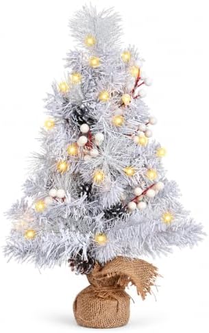 2 FT Mini Christmas Tree, 24" Prelit White Small Artificial Tabletop Christmas Trees Decor with Lights Timer