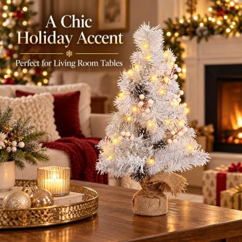 2 FT Mini Christmas Tree, 24" Prelit White Small Artificial Tabletop Christmas Trees Decor with Lights Timer, alternate view