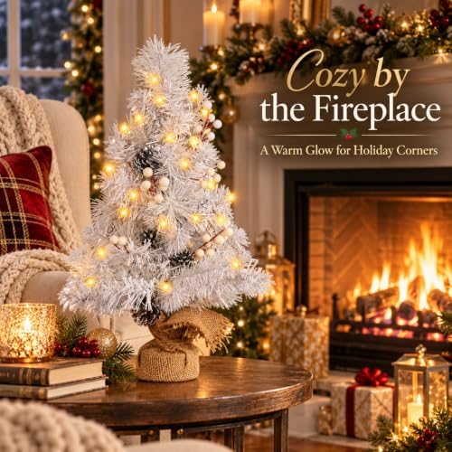 2 FT Mini Christmas Tree, 24" Prelit White Small Artificial Tabletop Christmas Trees Decor with Lights Timer, alternate view