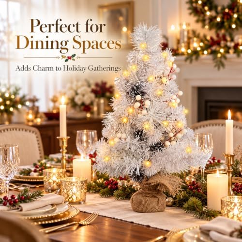 2 FT Mini Christmas Tree, 24" Prelit White Small Artificial Tabletop Christmas Trees Decor with Lights Timer, alternate view