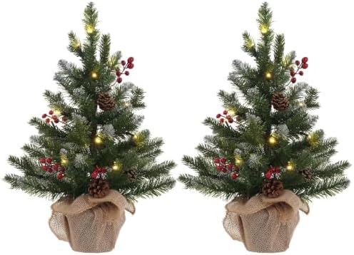2 FT Mini Christmas Tree, Set of 2 24" PE Prelit Small Artificial Tabletop Snow Flocked Christmas Trees Decor