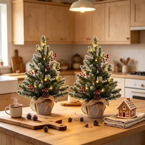 2 FT Mini Christmas Tree, Set of 2 24" PE Prelit Small Artificial Tabletop Snow Flocked Christmas Trees Decor, alternate view
