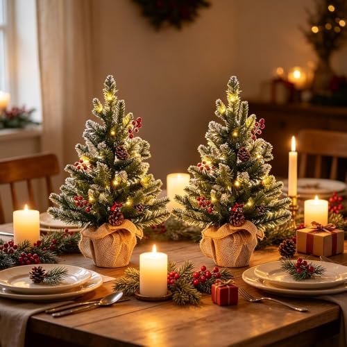 2 FT Mini Christmas Tree, Set of 2 24" PE Prelit Small Artificial Tabletop Snow Flocked Christmas Trees Decor, alternate view