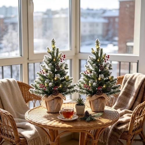 2 FT Mini Christmas Tree, Set of 2 24" PE Prelit Small Artificial Tabletop Snow Flocked Christmas Trees Decor, alternate view