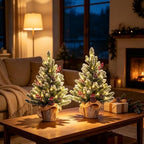 2 FT Mini Christmas Tree, Set of 2 24" PE Prelit Small Artificial Tabletop Snow Flocked Christmas Trees Decor, alternate view