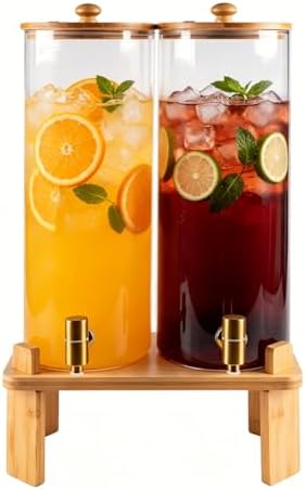 2 Gallon 2 PCS (4 gallon) Beverage Dispenser With Bamboo Wood Stand, Large Glass Drink Dispenser for Parties