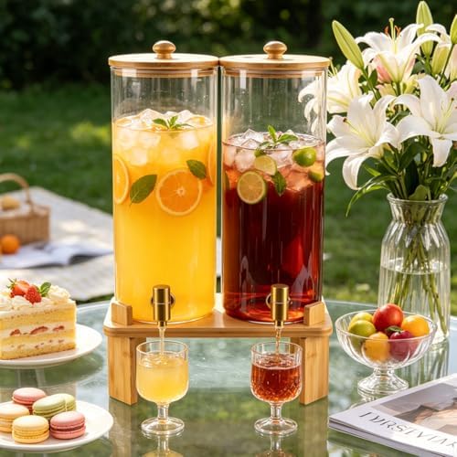 2 Gallon 2 PCS (4 gallon) Beverage Dispenser With Bamboo Wood Stand, Large Glass Drink Dispenser for Parties, alternate view