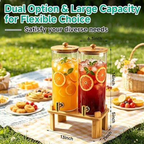 2 Gallon 2 PCS (4 gallon) Beverage Dispenser With Bamboo Wood Stand, Large Glass Drink Dispenser for Parties, alternate view