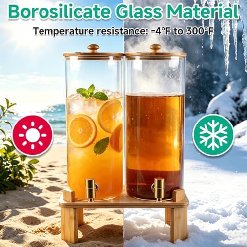 2 Gallon 2 PCS (4 gallon) Beverage Dispenser With Bamboo Wood Stand, Large Glass Drink Dispenser for Parties, alternate view