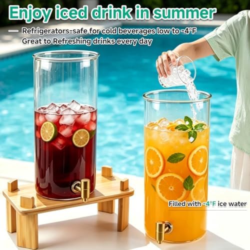2 Gallon 2 PCS (4 gallon) Beverage Dispenser With Bamboo Wood Stand, Large Glass Drink Dispenser for Parties, alternate view