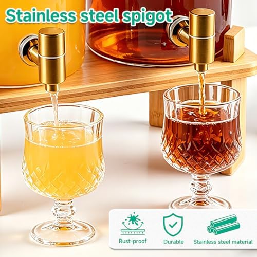 2 Gallon 2 PCS (4 gallon) Beverage Dispenser With Bamboo Wood Stand, Large Glass Drink Dispenser for Parties, alternate view