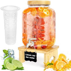 2 Gallon Drink Dispenser with Stand, Glass Beverage Dispenser With Wood Stand, 18/8 Stainless Steel Spigot and