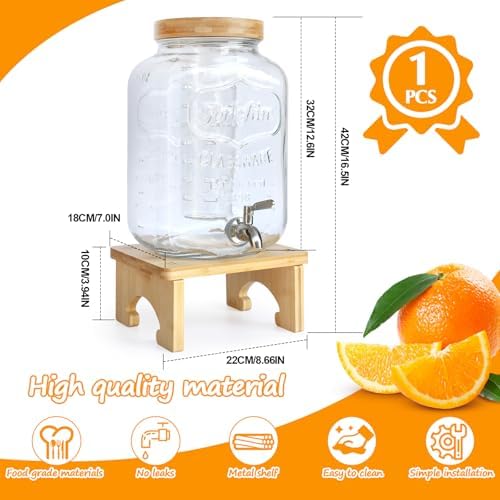 2 Gallon Drink Dispenser with Stand, Glass Beverage Dispenser With Wood Stand, 18/8 Stainless Steel Spigot and, alternate