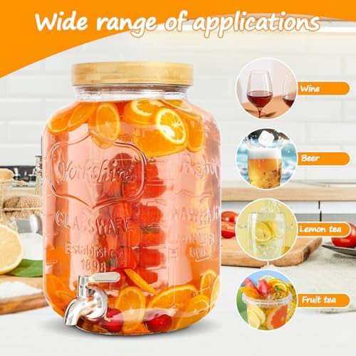 2 Gallon Drink Dispenser with Stand, Glass Beverage Dispenser With Wood Stand, 18/8 Stainless Steel Spigot and, alternate