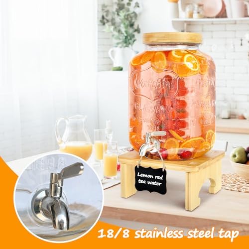 2 Gallon Drink Dispenser with Stand, Glass Beverage Dispenser With Wood Stand, 18/8 Stainless Steel Spigot and, alternate