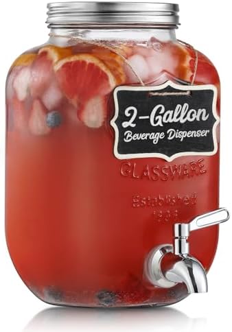 2 Gallon Glass Beverage Dispenser, 18/8 Stainless Steel Spigot and Lid - Glass Drink Dispensers for Parties