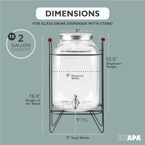 2 Gallon Glass Beverage Dispenser, Metal Base, Stainless Steel Spigot & Hanging Chalkboard - for Lemonade, Tea, alternate