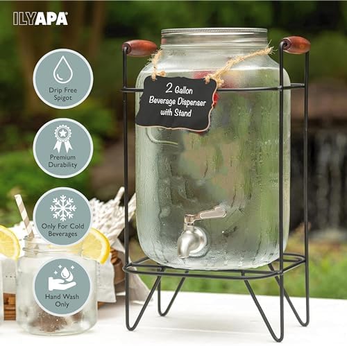2 Gallon Glass Beverage Dispenser, Metal Base, Stainless Steel Spigot & Hanging Chalkboard - for Lemonade, Tea, alternate