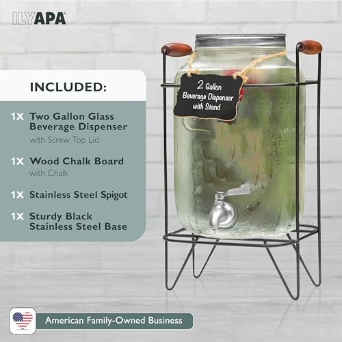 2 Gallon Glass Beverage Dispenser, Metal Base, Stainless Steel Spigot & Hanging Chalkboard - for Lemonade, Tea, alternate