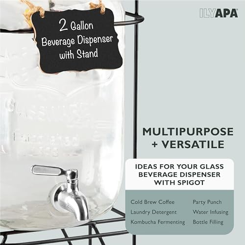 2 Gallon Glass Beverage Dispenser, Metal Base, Stainless Steel Spigot & Hanging Chalkboard - for Lemonade, Tea, alternate