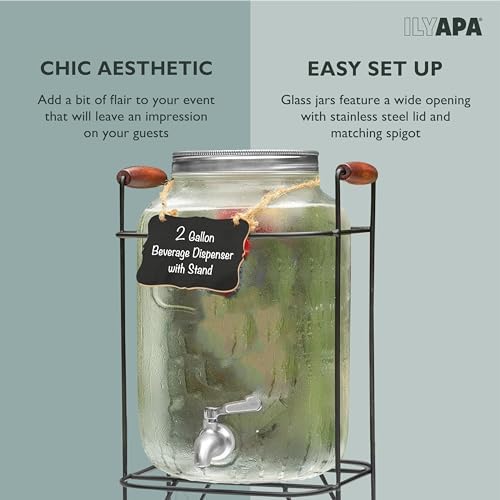 2 Gallon Glass Beverage Dispenser, Metal Base, Stainless Steel Spigot & Hanging Chalkboard - for Lemonade, Tea, alternate