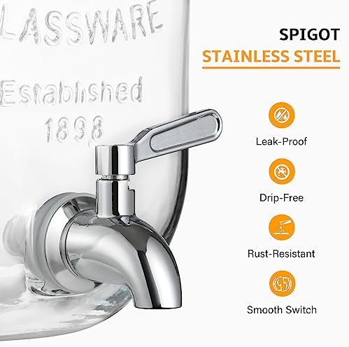 2 Gallon Glass Beverage Dispenser with Stand and Lid, 18/8 Stainless Steel Spigot - Glass Drink Dispensers for, alternate